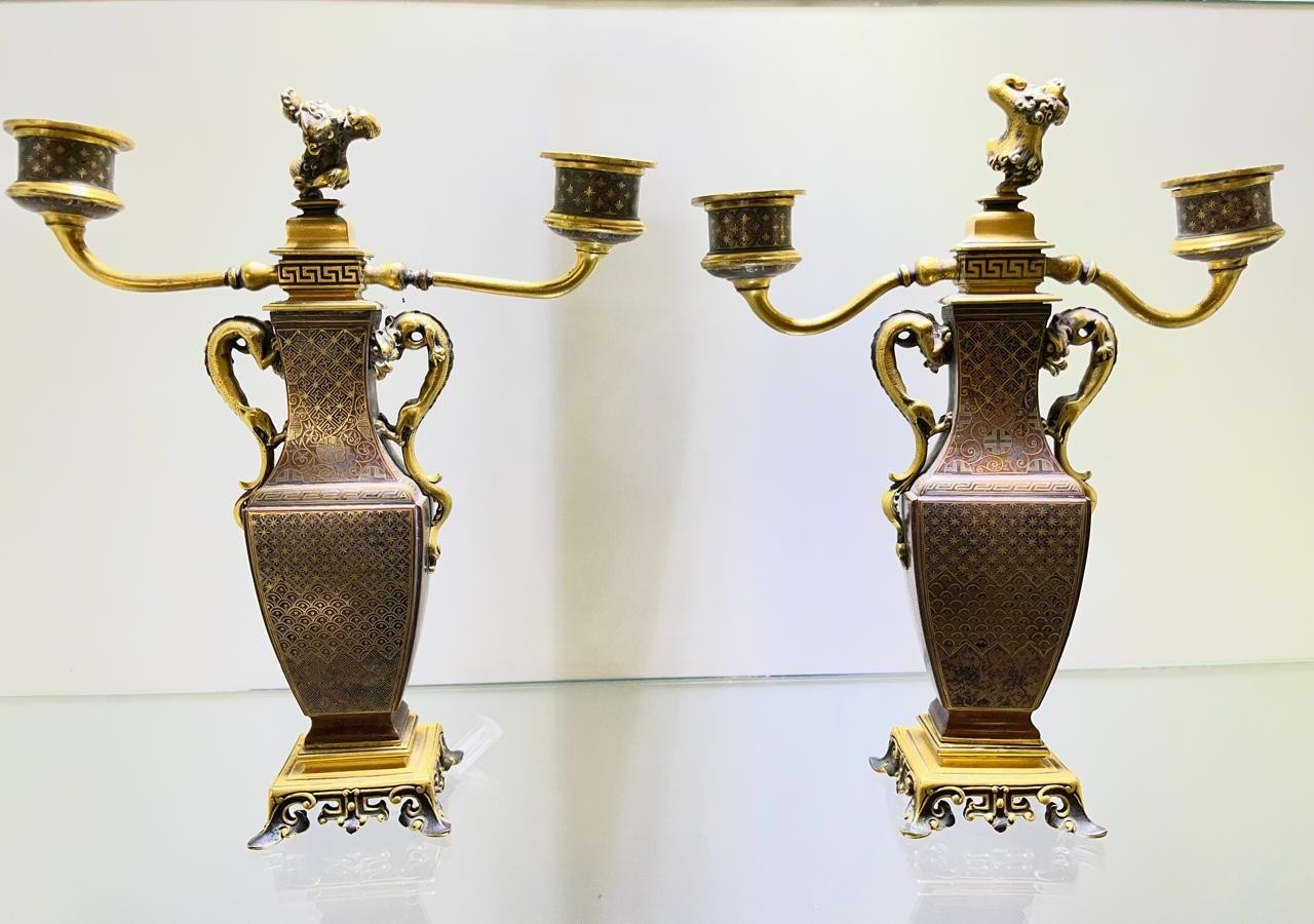 antique Japonisme candlesticks by Christofle & Cie, by Emile Alphonse Reiber antique Japonisme candlesticks by Christofle & Cie, by Emile Alphonse Reiber