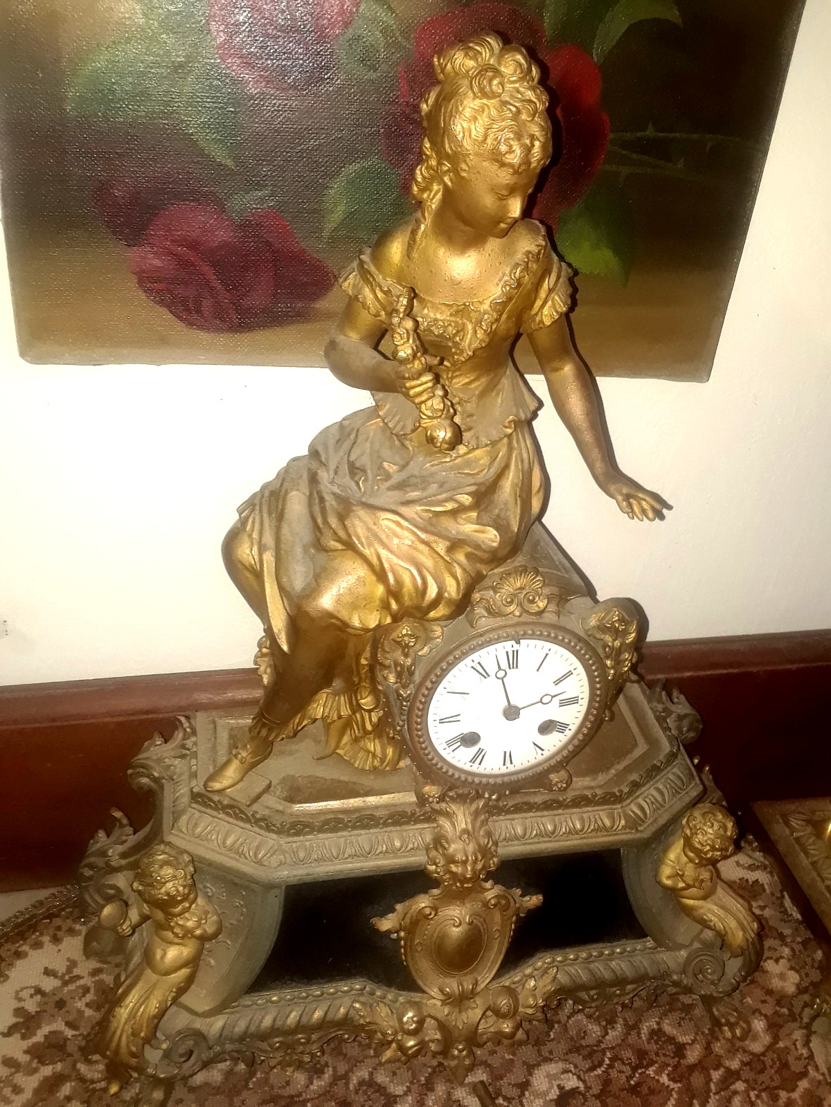 Antq French Empire Gilded Bronze 8-Day Clock◇Maiden◇Cherubs◇Lion Figurals◇Statue