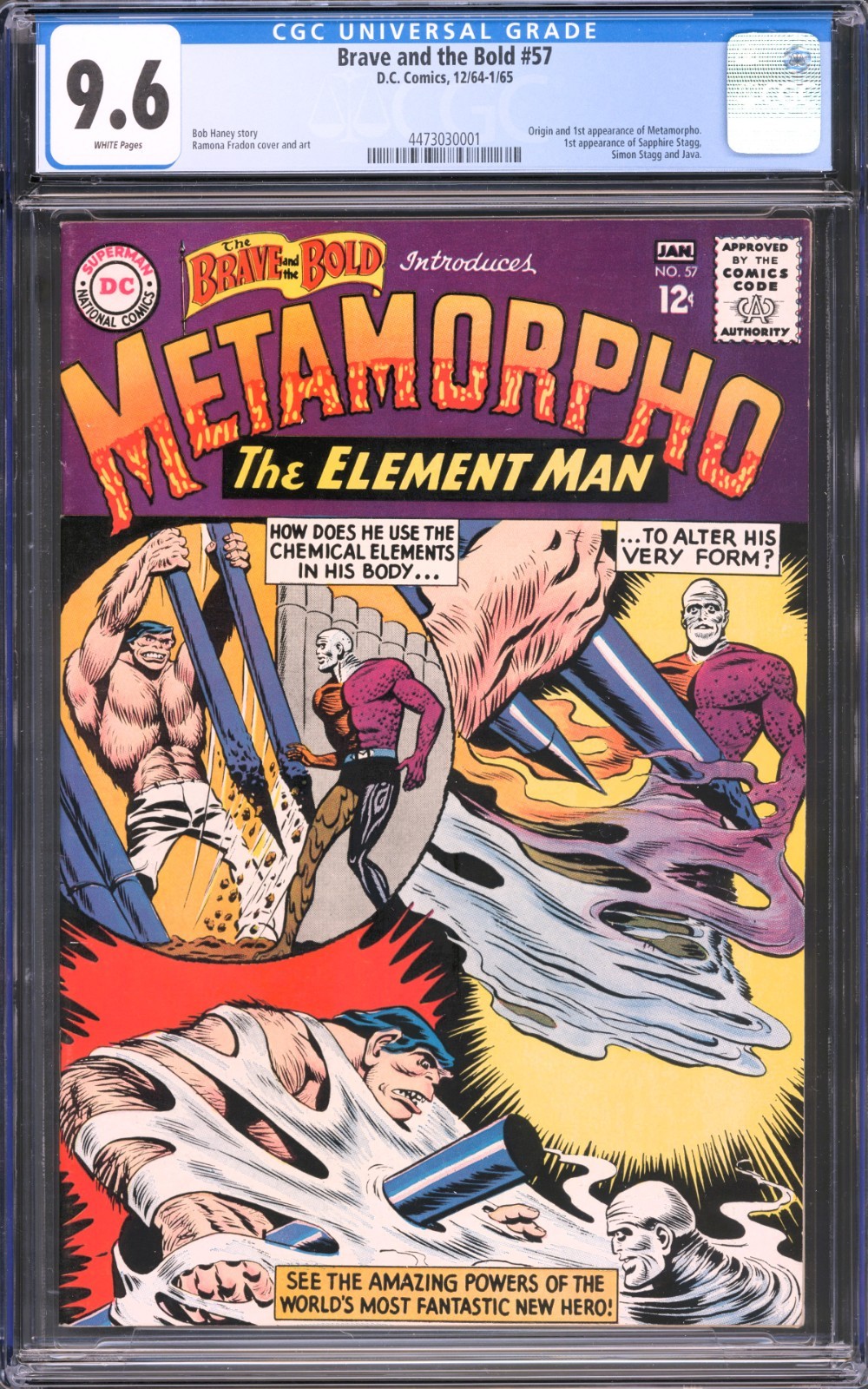 Brave and the Bold #57 1965 CGC 9.6 NM WHITE PAGES (1st app Metamorpho) Brave and the Bold #57 1965 CGC 9.6 NM WHITE PAGES (1st app Metamorpho)
