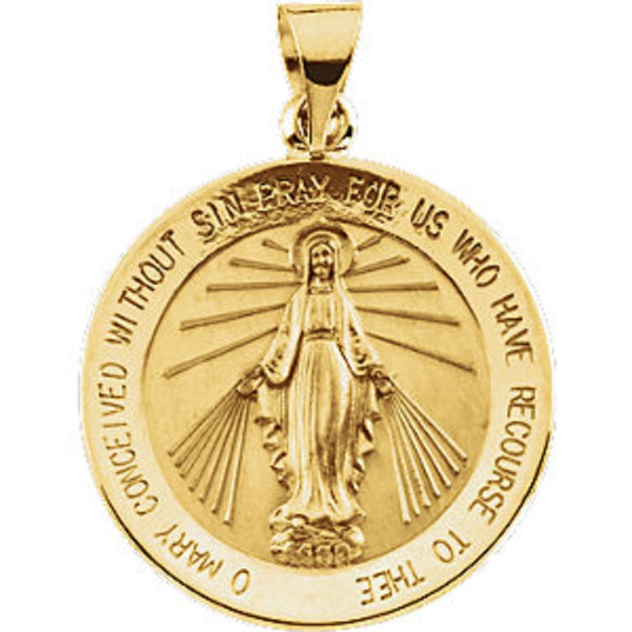 Miraculous Medal 14K Yellow Gold 18mm Round Virgin Mary Large 2 Sided R5019 