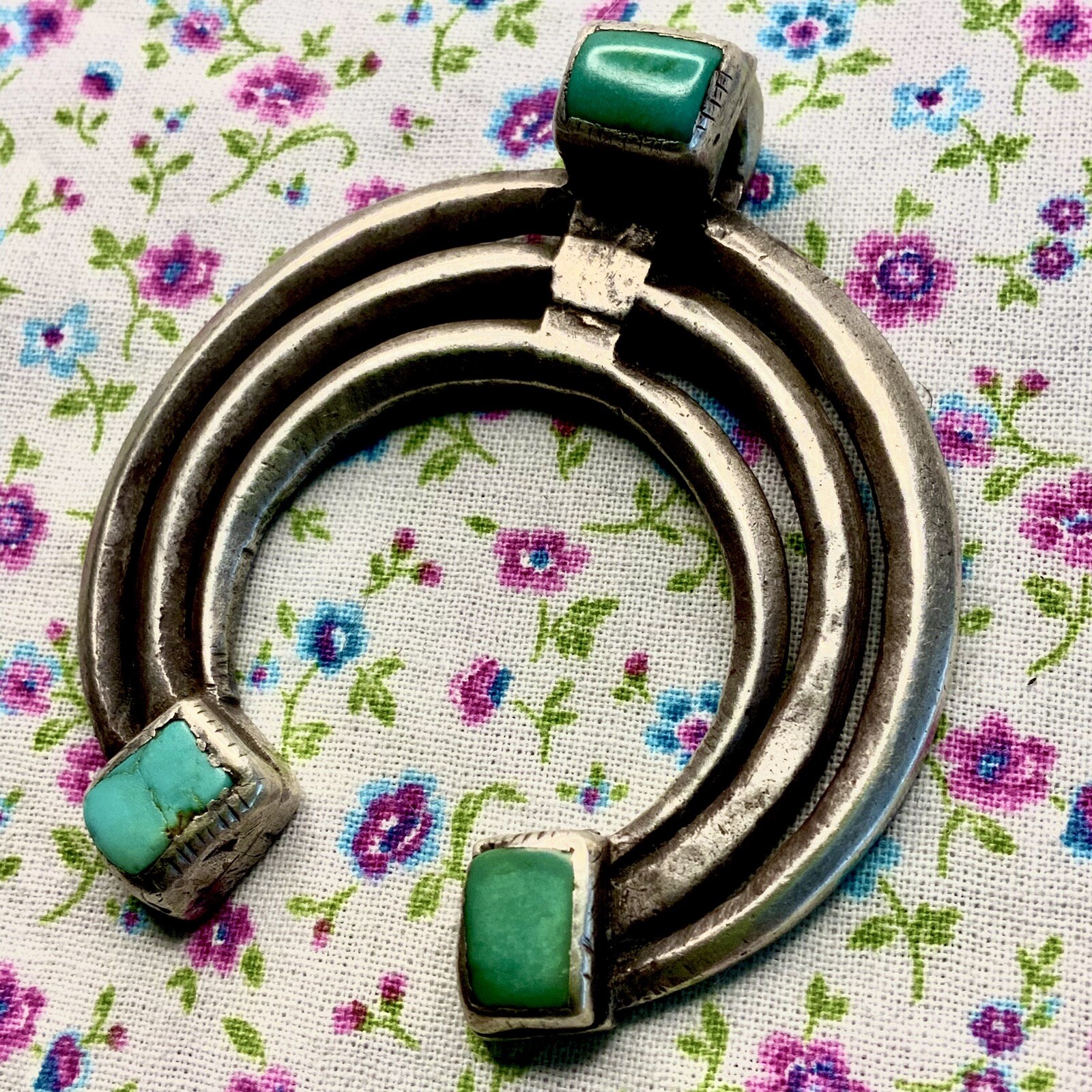 1880s Naja Pendant Green & Blue Turquoise RARE Era Navajo Early Old Ingot Silver