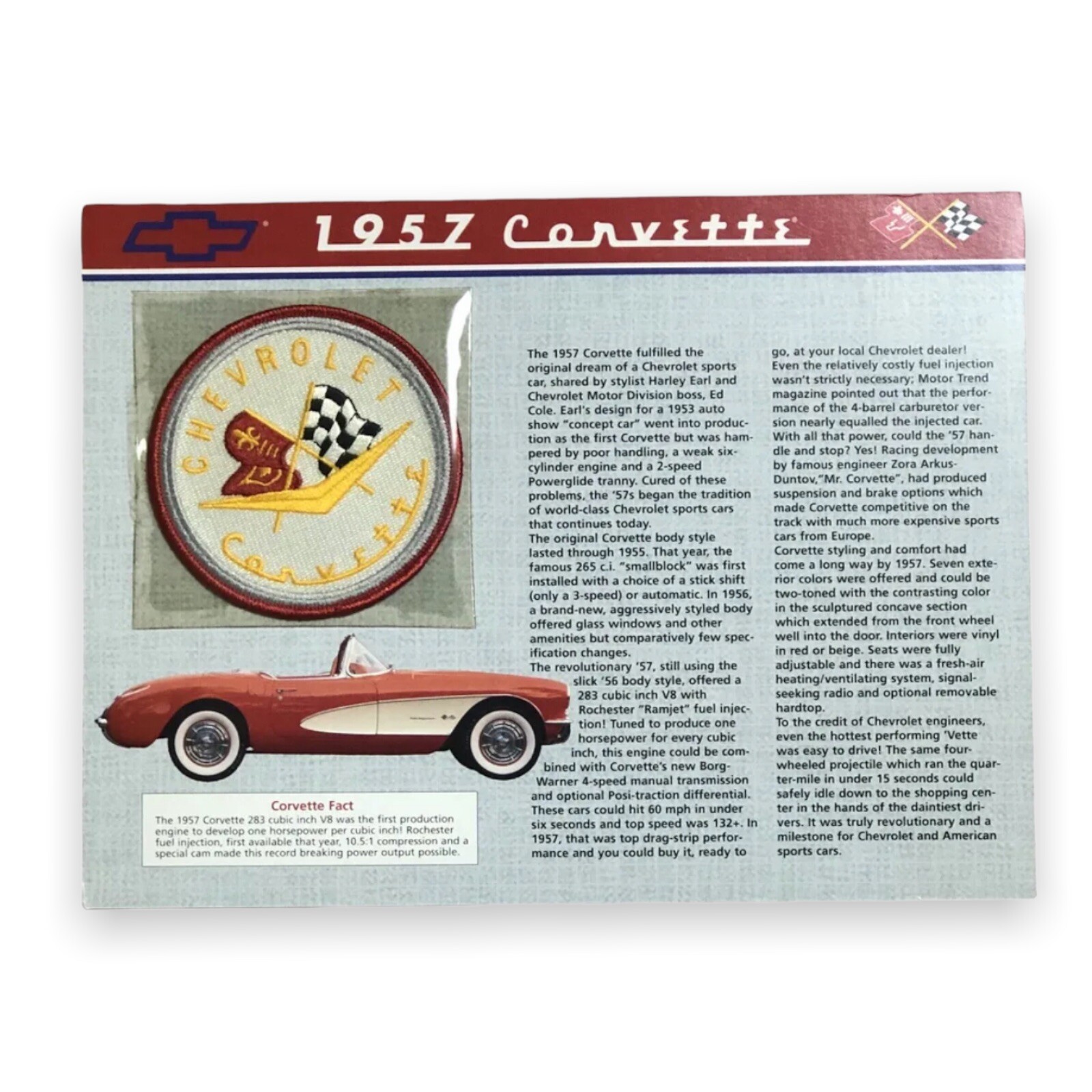 1957 Chevrolet Corvette Patch Willabee & Ward Official Collection Info Card 1957 Chevrolet Corvette Patch Willabee & Ward Official Collection Info Card