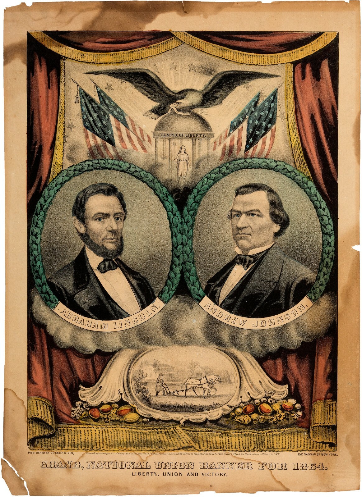 Abraham Lincoln Andrew Johnson 1864 Grand National Presidential Campaign Banner Abraham Lincoln Andrew Johnson 1864 Grand National Presidential Campaign Banner