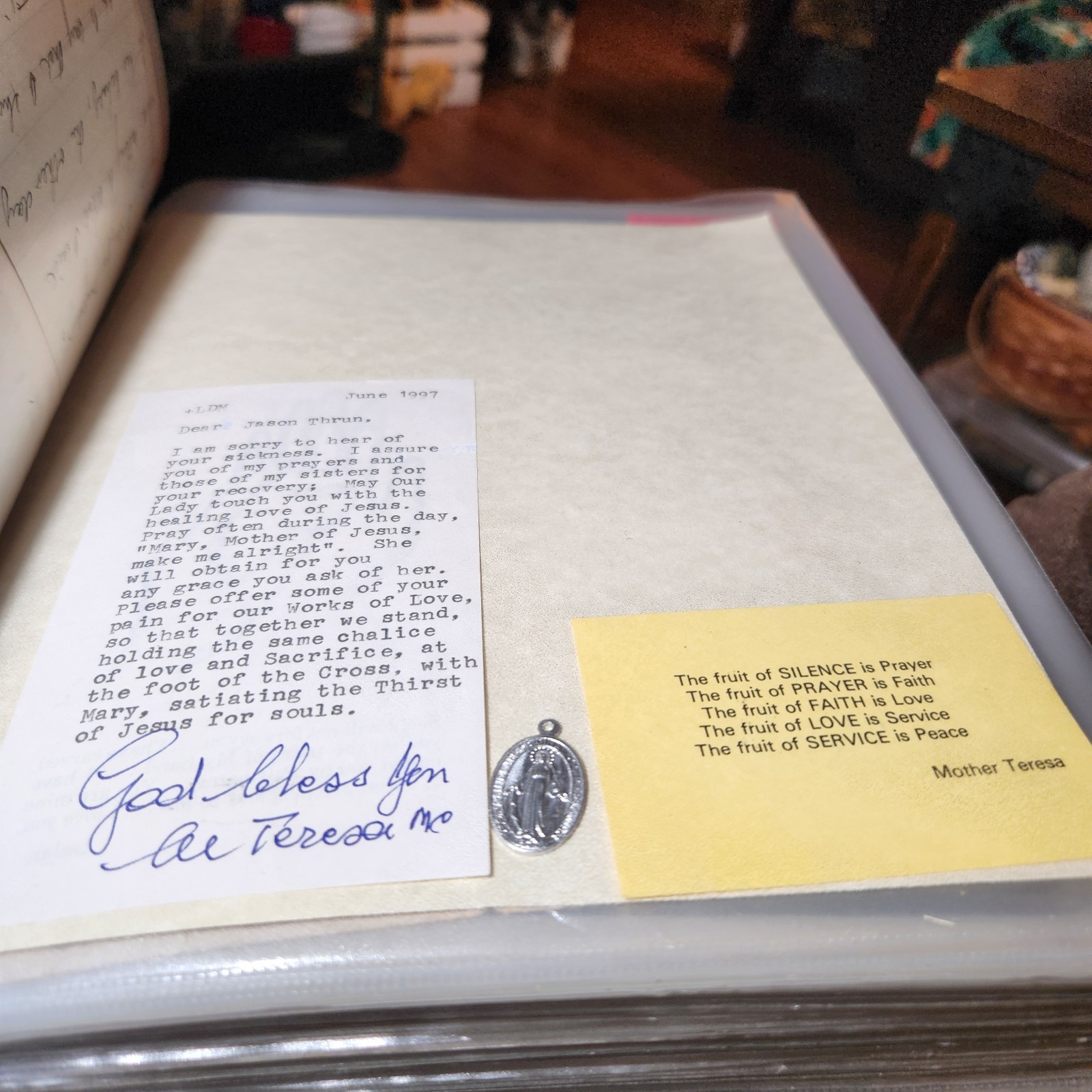 Signed Prayer With Our Lady Of Miraculous Medal. Signed Mother Thersa June 1997. Signed Prayer With Our Lady Of Miraculous Medal. Signed Mother Thersa June 1997.