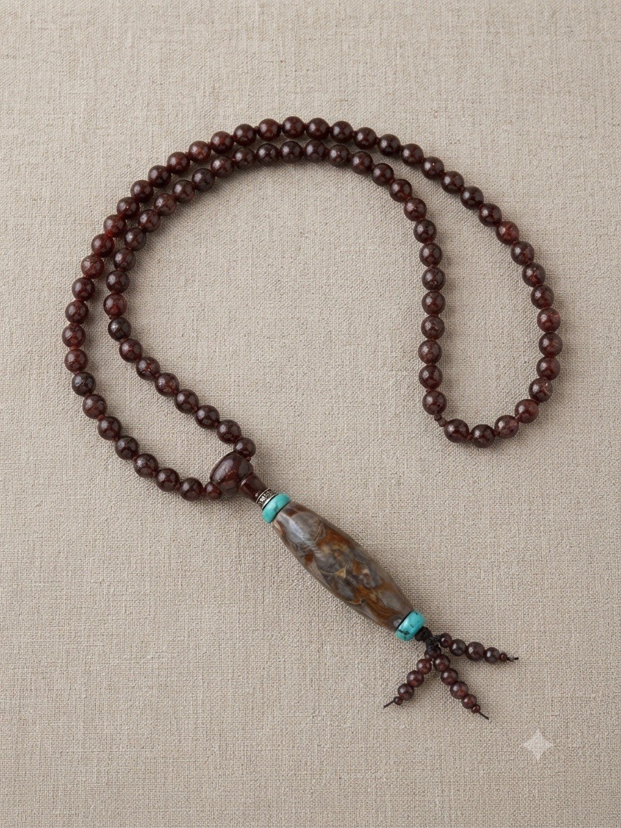 Authentic Conch Dzi Bead & Red Yiding Meteorite Prayer Mala Necklace Tibetan Authentic Conch Dzi Bead & Red Yiding Meteorite Prayer Mala Necklace Tibetan
