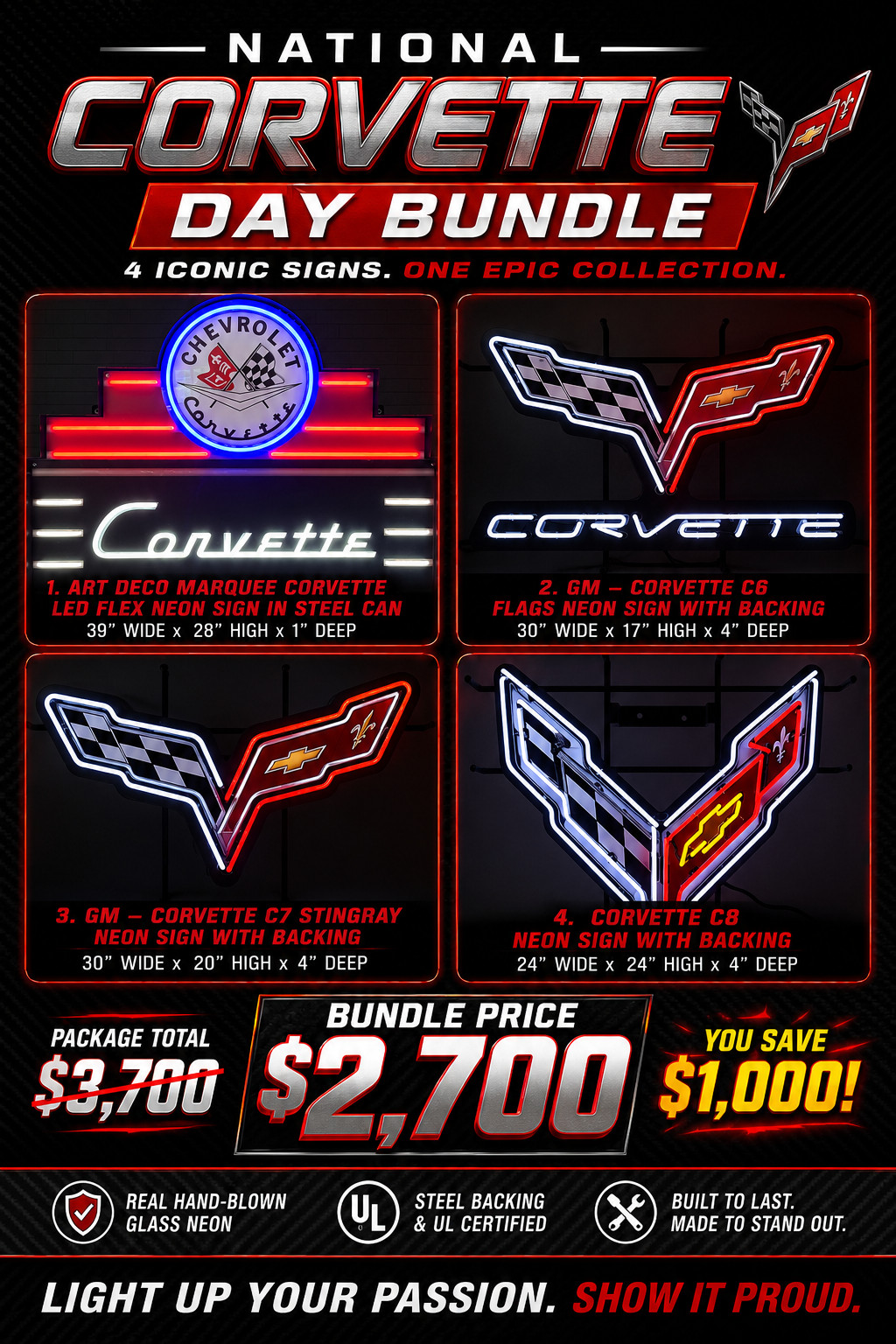 National Corvette Day Bundle – 4 Official Corvette Neon Signs – Save $1,000 National Corvette Day Bundle – 4 Official Corvette Neon Signs – Save $1,000