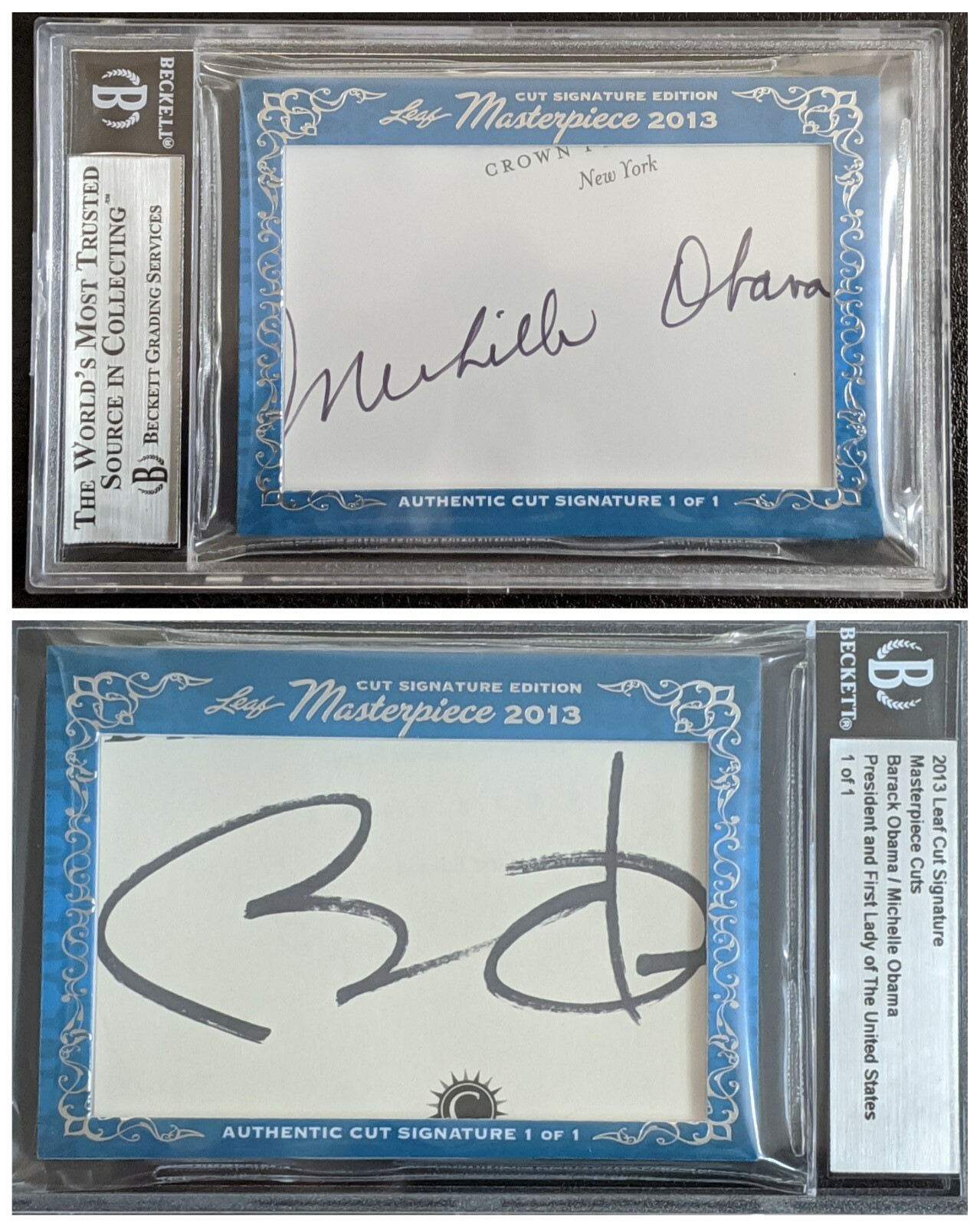 1/1 2013 Barack & Michelle Obama Dual Autograph Leaf Signatures Masterpiece Cuts 1/1 2013 Barack & Michelle Obama Dual Autograph Leaf Signatures Masterpiece Cuts