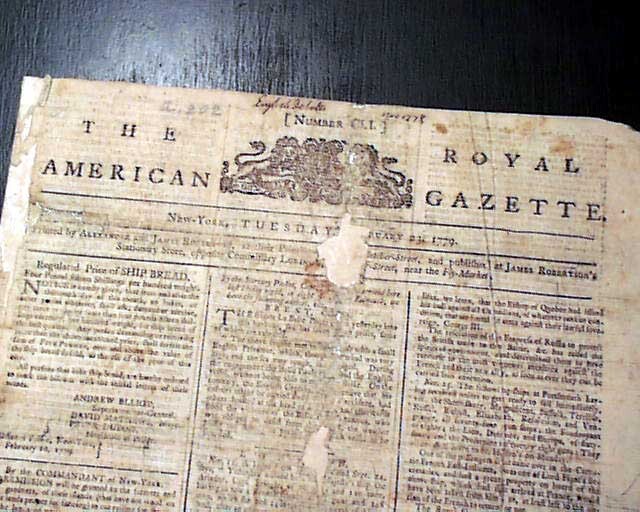 VERY RARE American Revolutionary War Loyalist British Cause 1779 NYC Newspaper VERY RARE American Revolutionary War Loyalist British Cause 1779 NYC Newspaper