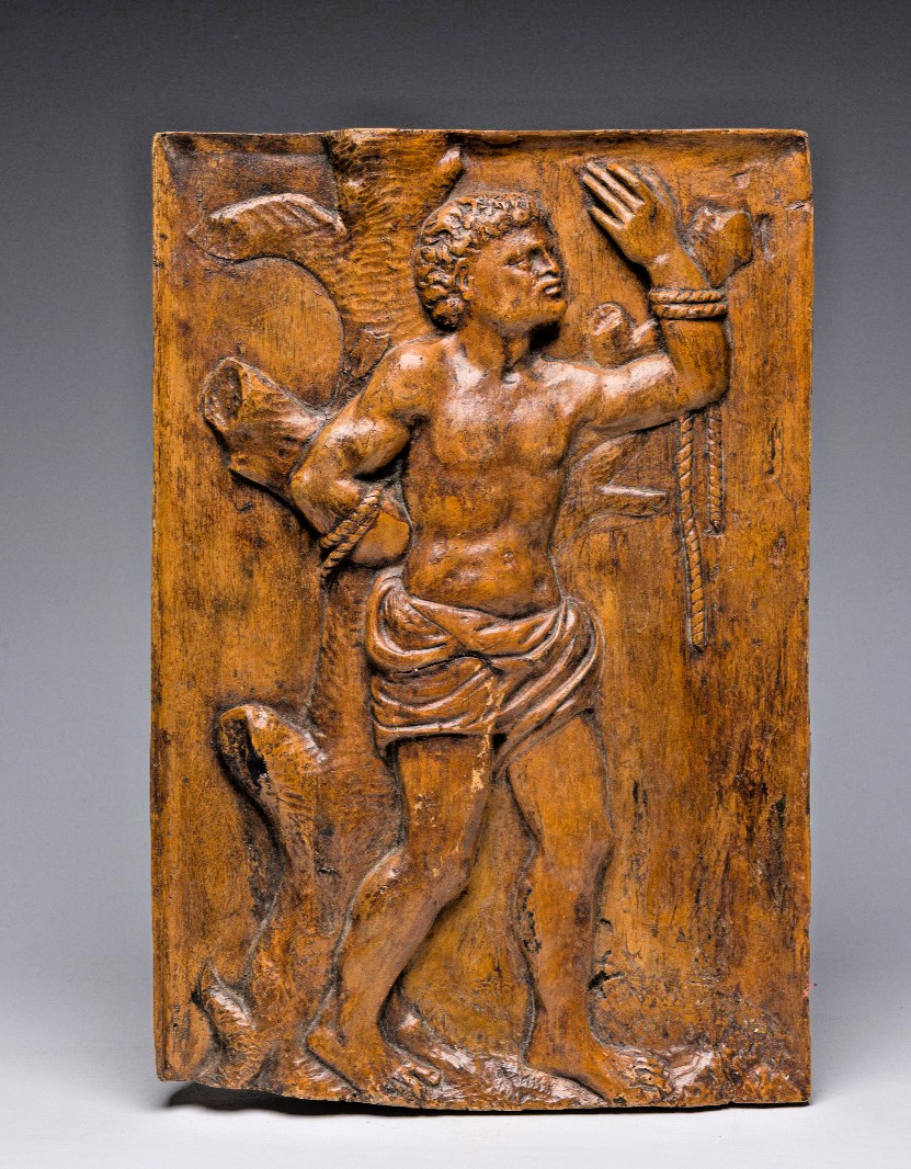Antique 18thc wood carved wall plaque Saint Sebastian south europe rare Antique 18thc wood carved wall plaque Saint Sebastian south europe rare