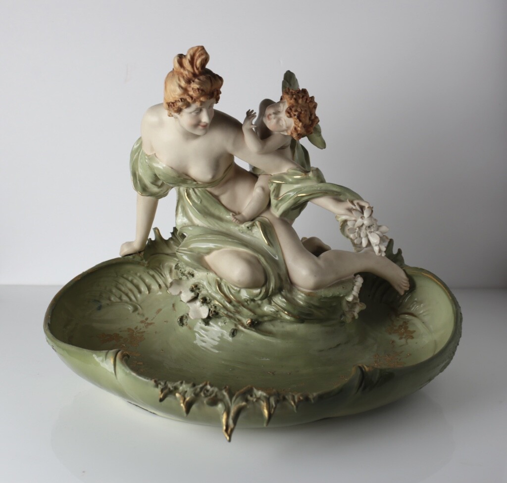 Austrian RStK Turn Teplitz Amphora Porcelain Figural Centerpiece Bowl nude c1900