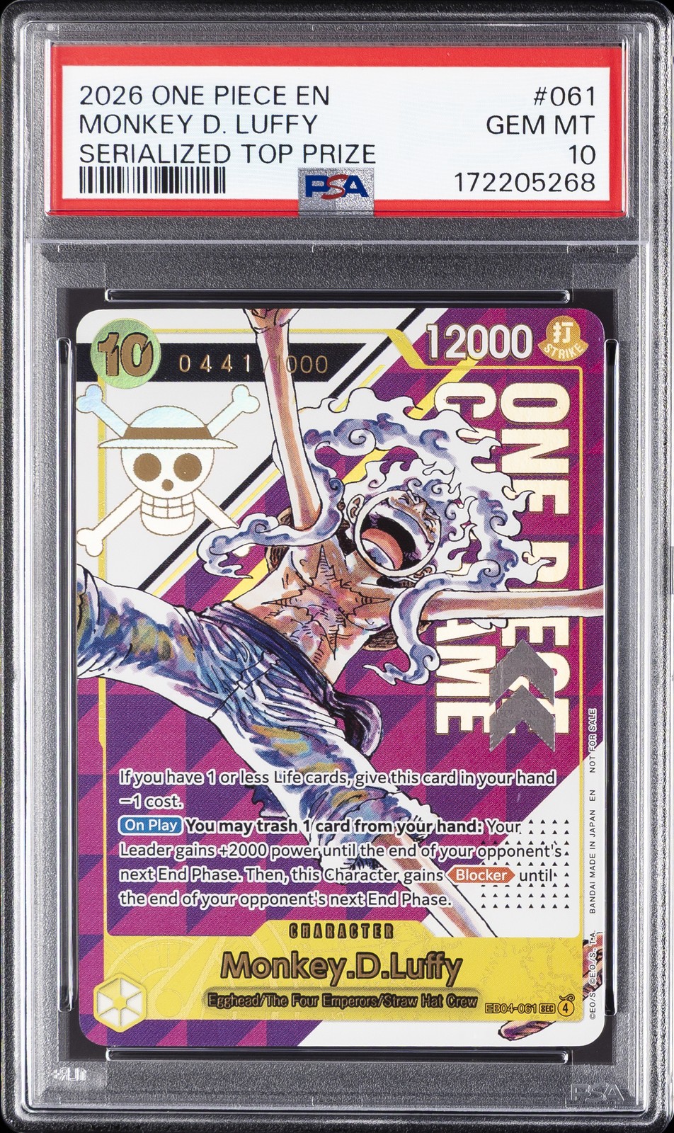 2026 ONE PIECE PROMOS #061 MONKEY D. LUFFY 441/1000 PSA 10 2026 ONE PIECE PROMOS #061 MONKEY D. LUFFY 441/1000 PSA 10