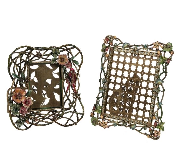 Two Jay Strongwater jeweled enamel floral encrusted picture frames, Modern