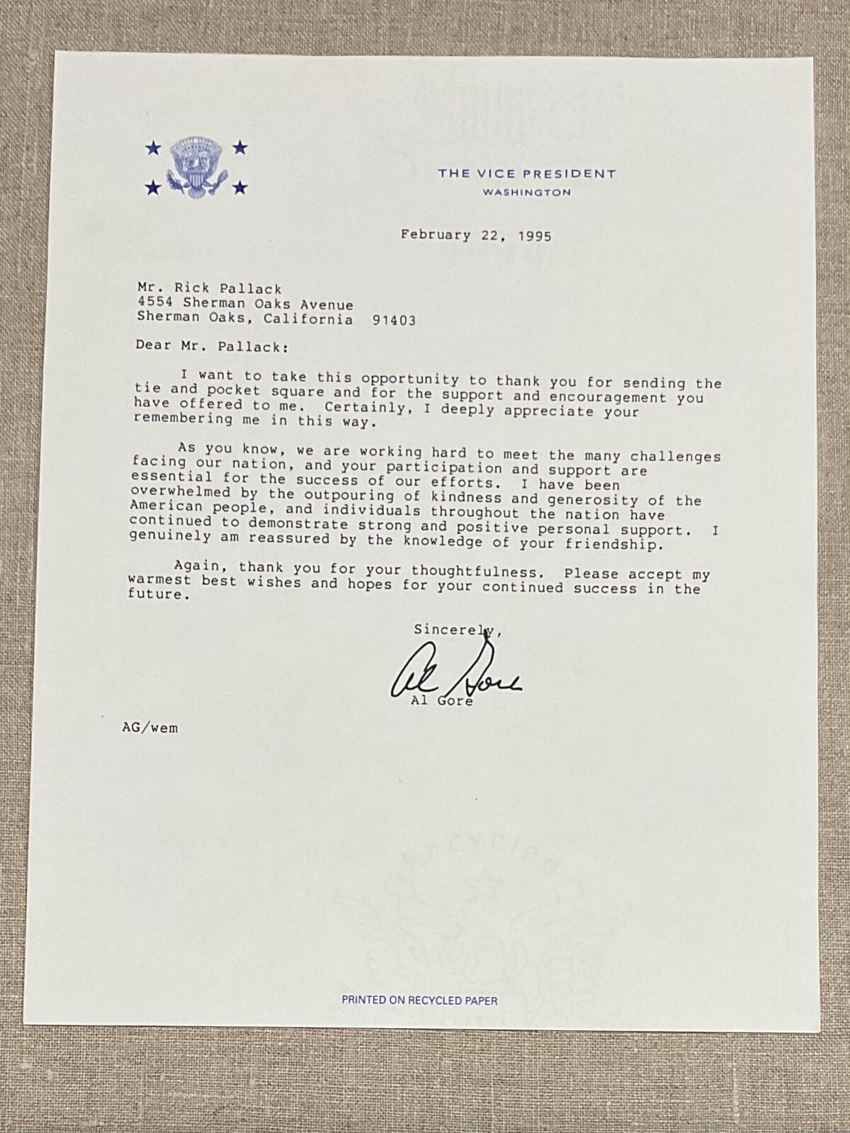 Vice President Al Gore Authentic Original Autographed Signed Letter To Designer Vice President Al Gore Authentic Original Autographed Signed Letter To Designer