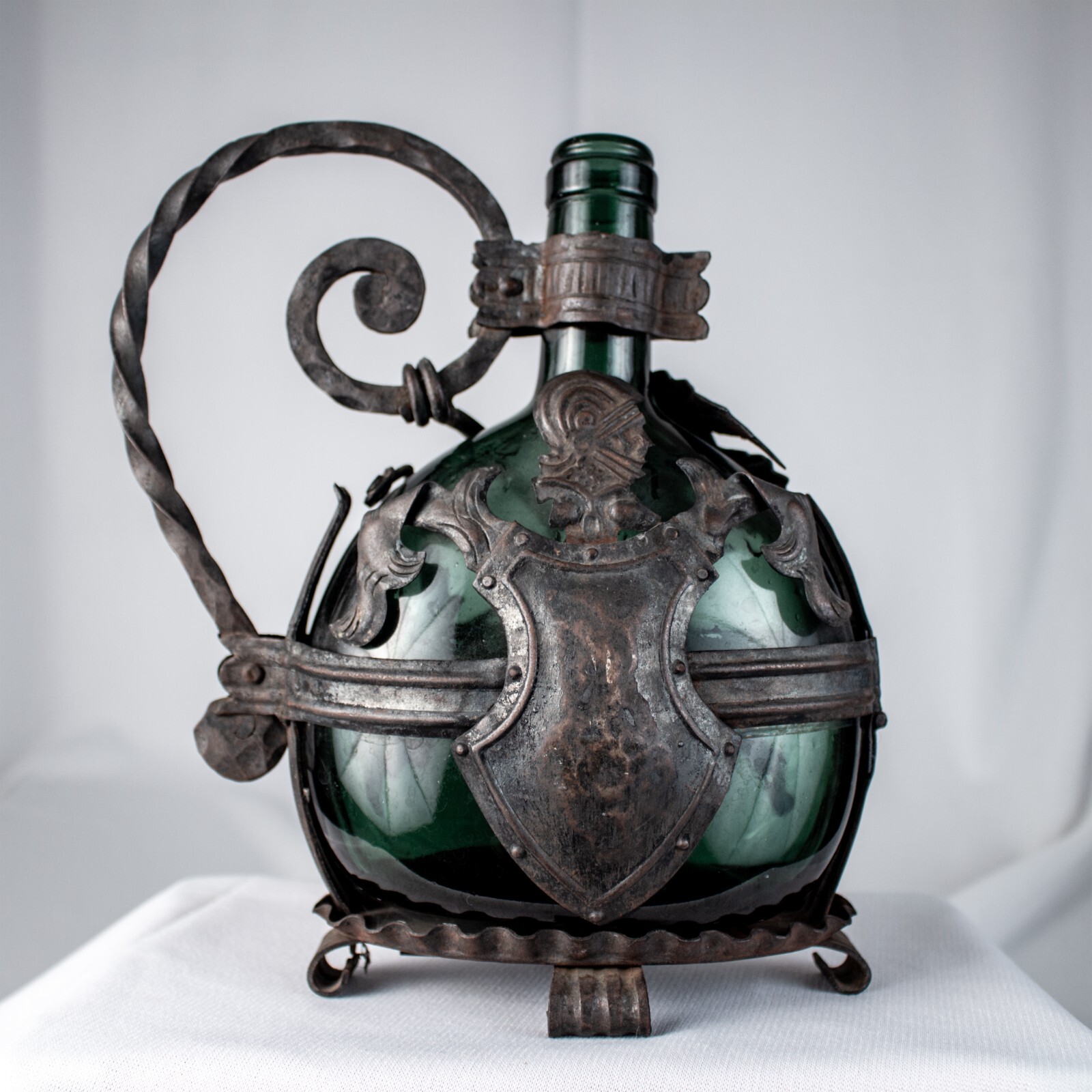 Antique Medieval 1400s Handmade Shield Grape Green Glass Store Iron Cast Pitcher