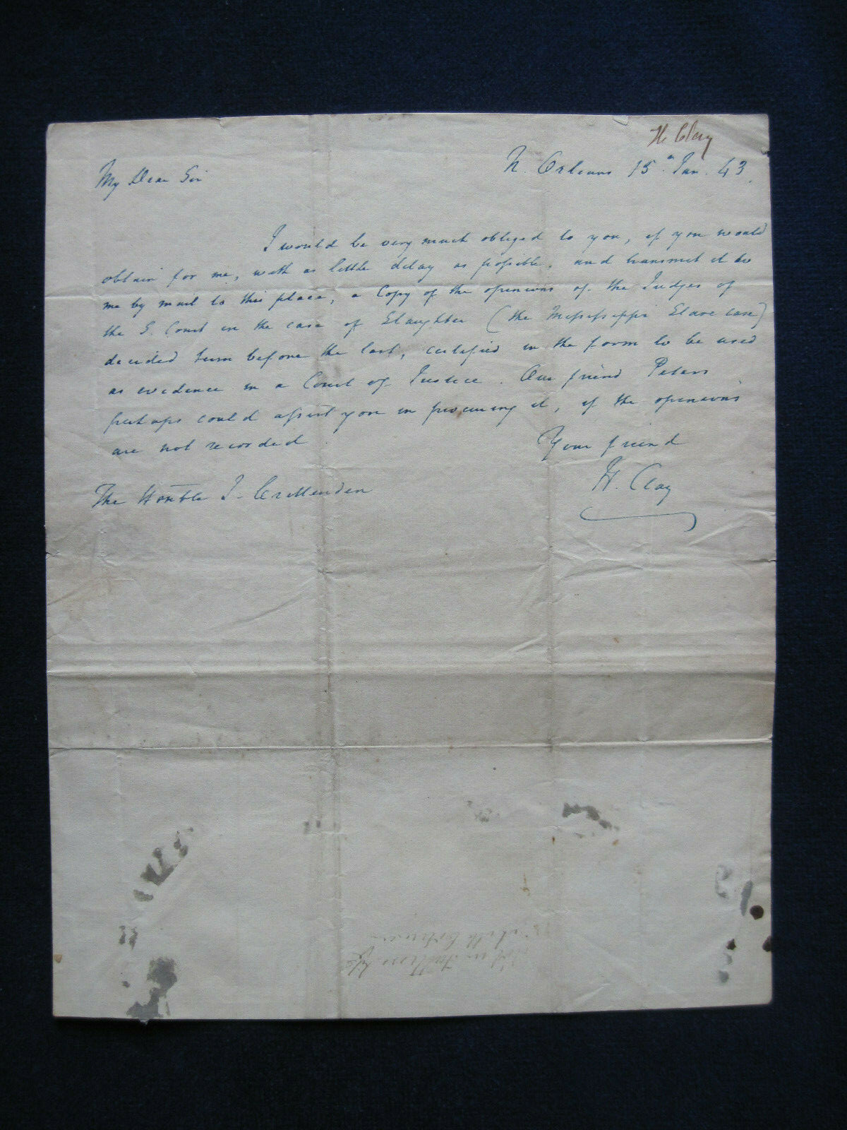 ORIGINAL AUTOGRAPH LETTER SIGNED by HENRY CLAY to JOHN CRITTENDEN - Re: SLAVERY ORIGINAL AUTOGRAPH LETTER SIGNED by HENRY CLAY to JOHN CRITTENDEN - Re: SLAVERY