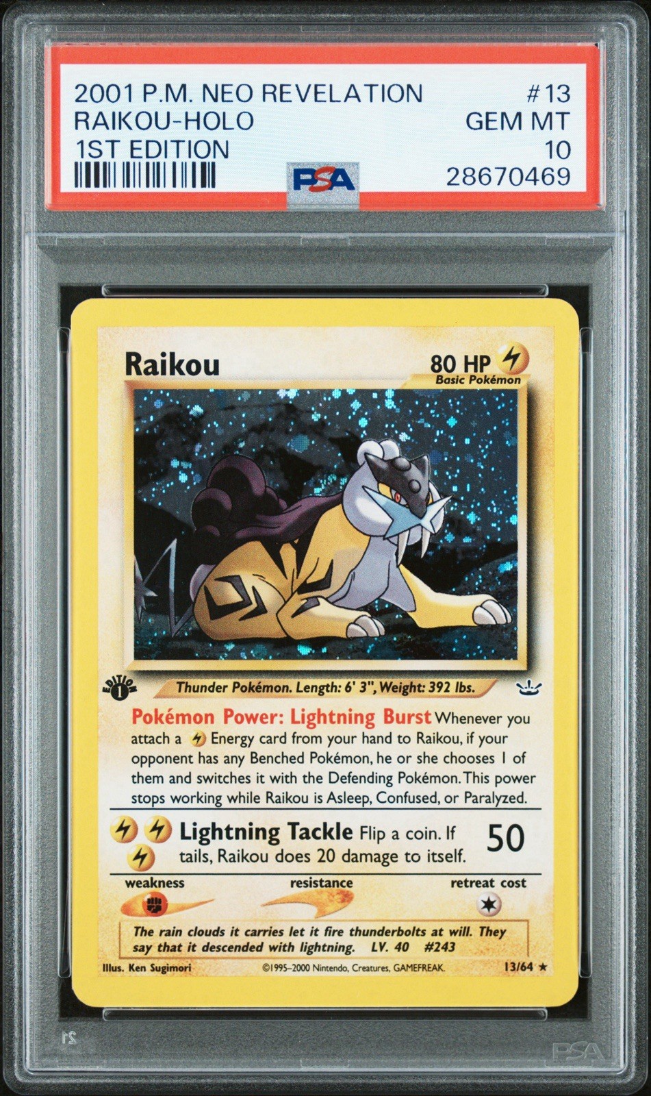 2001 Pokemon Raikou Neo Revelation 1st Edition #13 PSA 10 Gem Mint SWIRL POP- 36
