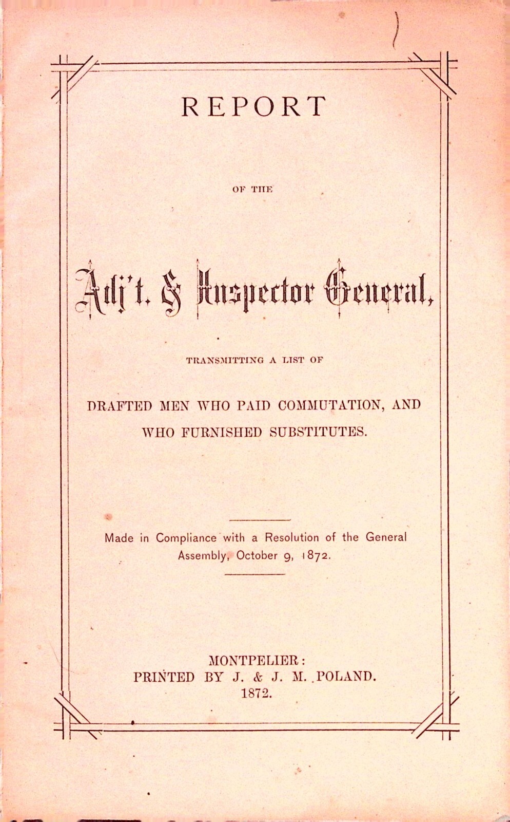 Civil War Vermont 1872 Draft Report Adjutant General Commutation Substitutes Civil War Vermont 1872 Draft Report Adjutant General Commutation Substitutes