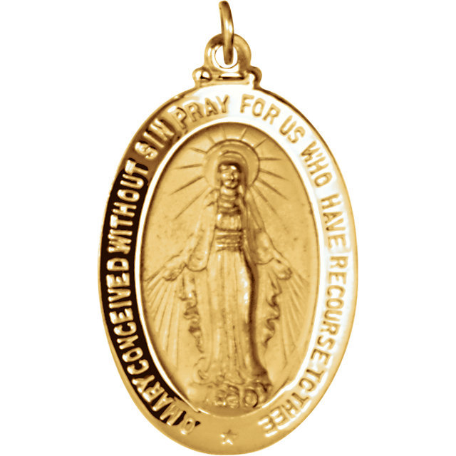 Miraculous Medal 18K Yellow Gold 29 x 20mm Oval Virgin Mary Large 2 Sided Miraculous Medal 18K Yellow Gold 29 x 20mm Oval Virgin Mary Large 2 Sided