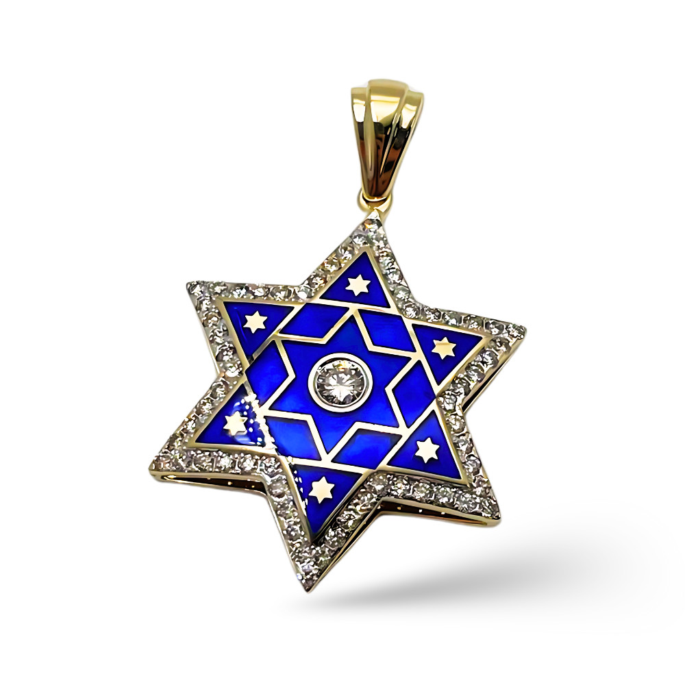 Diamond Star of David Pendant | 14K Gold & Blue Enamel | Israel Magen David