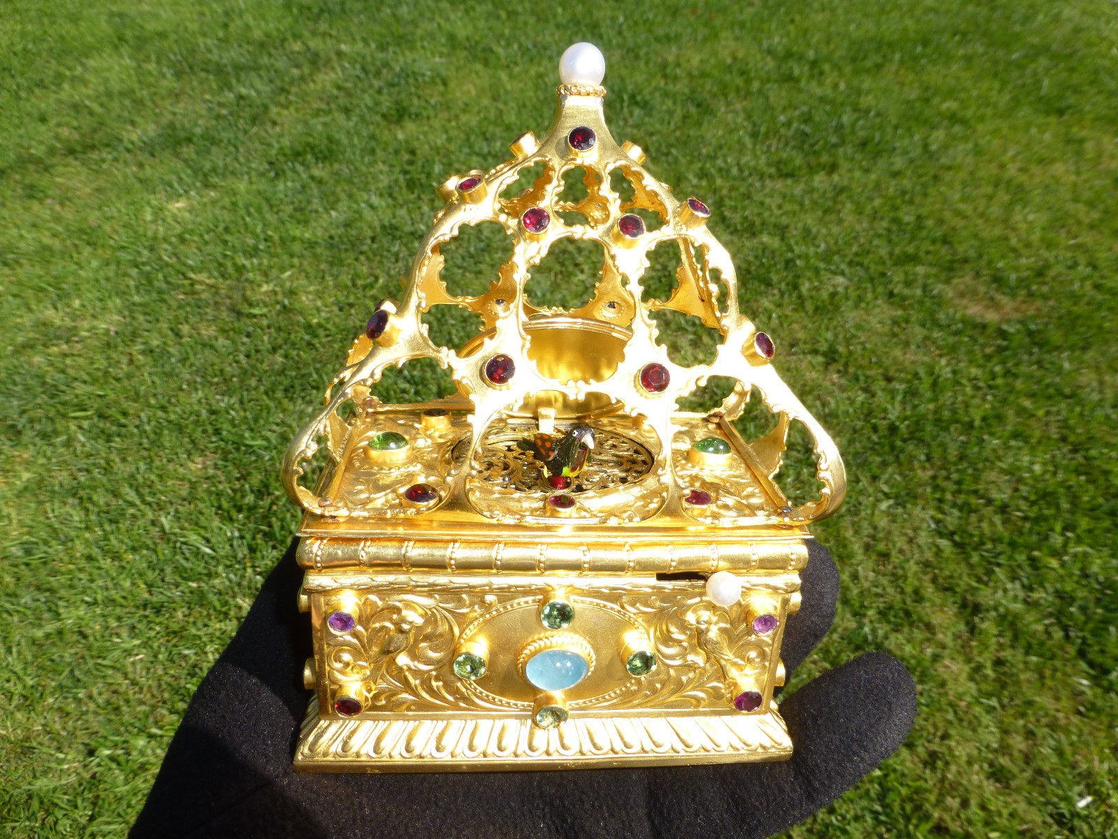 Vintage Singing Bird Box Solid Sterling Silver .925 With Gold Filled + Real Gems