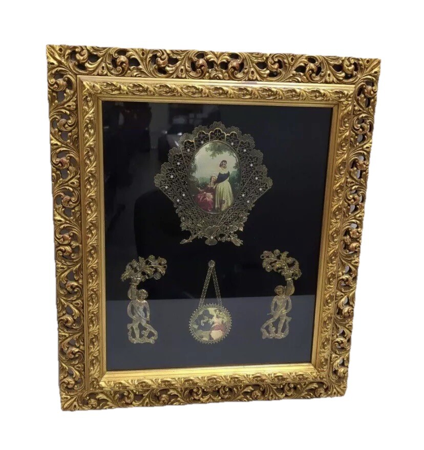 100-200 y/o Antique - Original Vintage Metal & Pearl Victorian Wall Art Framed