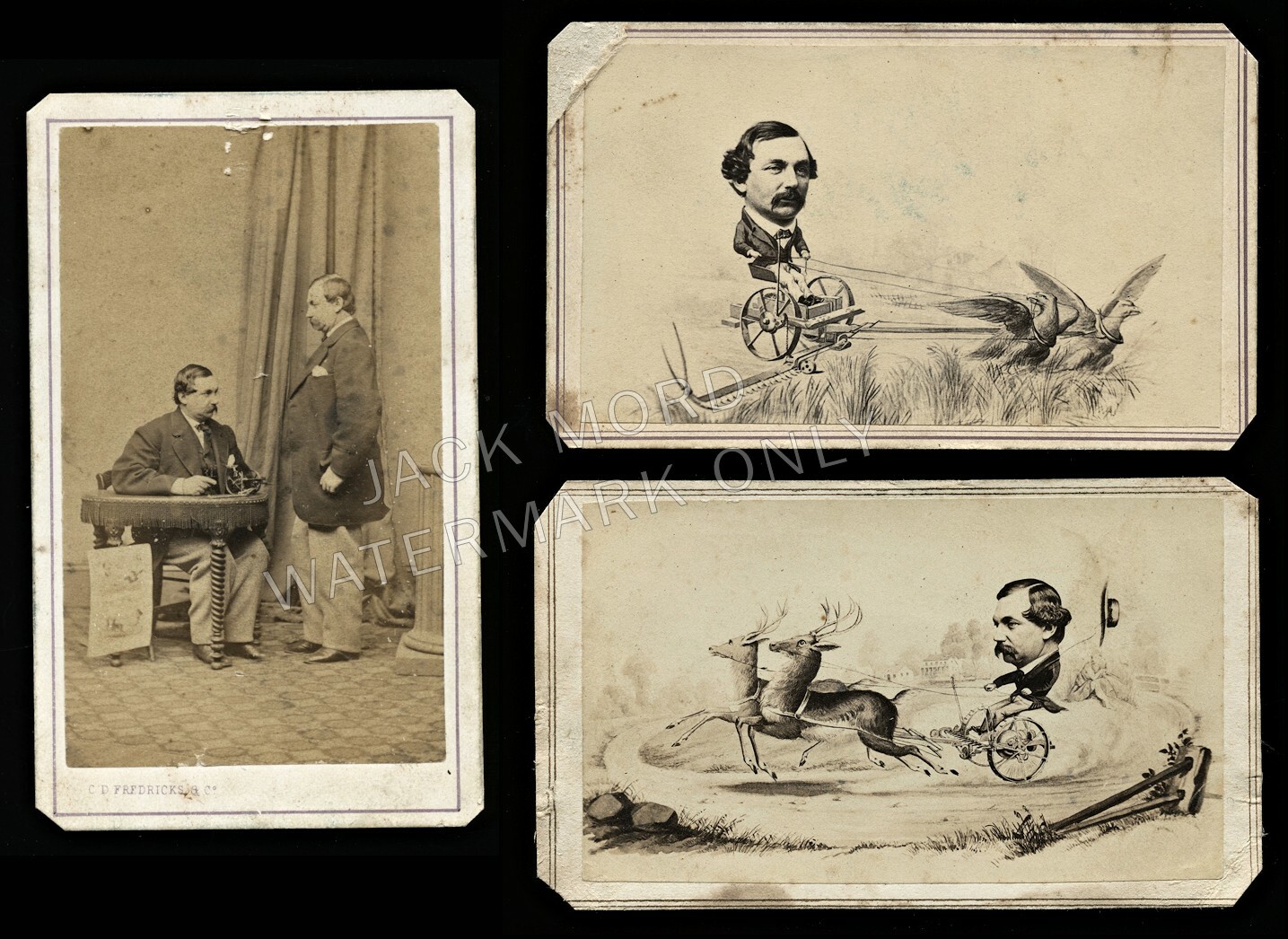 3 CDVS inc RARE TRICK PHOTO MAN W PATENT MODEL MOWING MACHINE FREDRICKS NEW YORK 3 CDVS inc RARE TRICK PHOTO MAN W PATENT MODEL MOWING MACHINE FREDRICKS NEW YORK