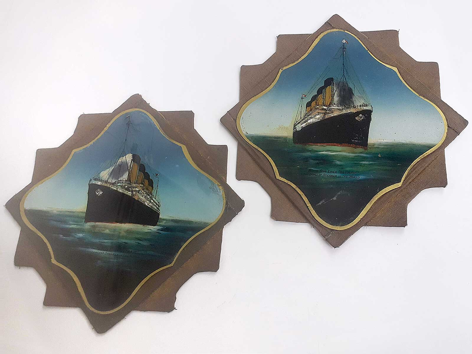 RMS TITANIC (pre-sinking) & RMS OLYMPIC pair 'Reverse Glass Painting' 1911-1912 RMS TITANIC (pre-sinking) & RMS OLYMPIC pair 'Reverse Glass Painting' 1911-1912