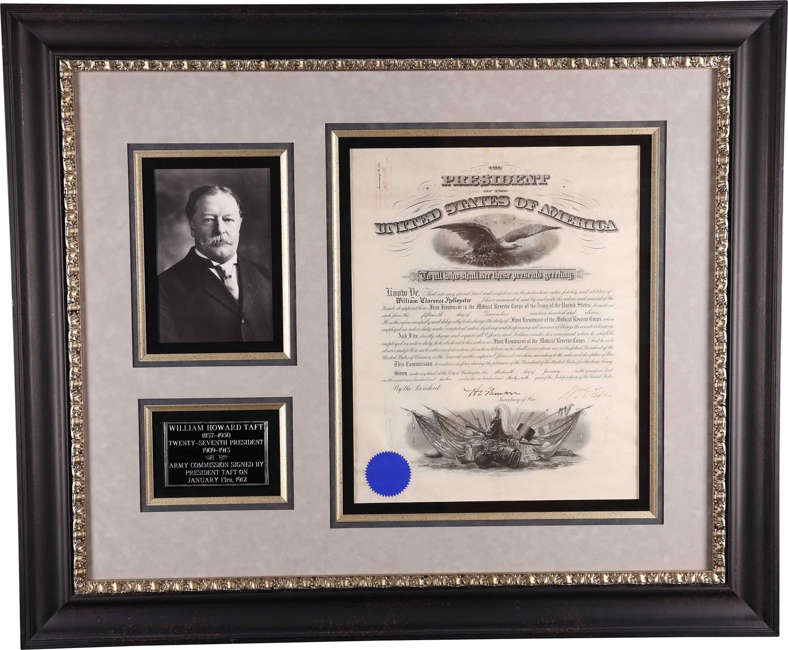 1912 President William H. Taft Signed Document Framed - PSA/DNA LOA