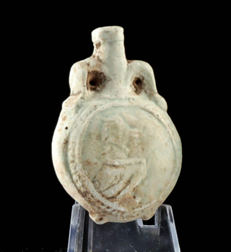 Egyptian Faience New Year Flask w/ Thoth Baboon – Late Dynastic 664–332 BCE Egyptian Faience New Year Flask w/ Thoth Baboon – Late Dynastic 664–332 BCE