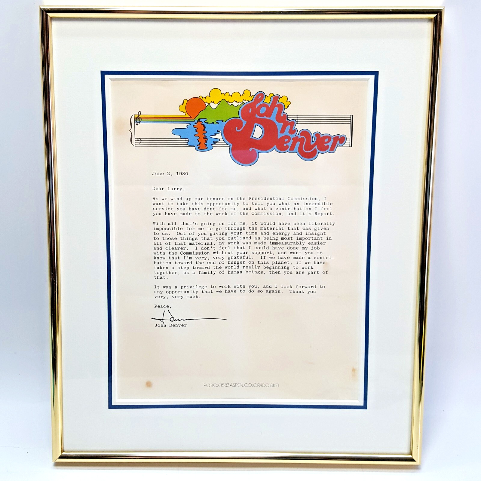 John Denver Framed Letter to Larry, The Hunger Project 1980 John Denver Framed Letter to Larry, The Hunger Project 1980