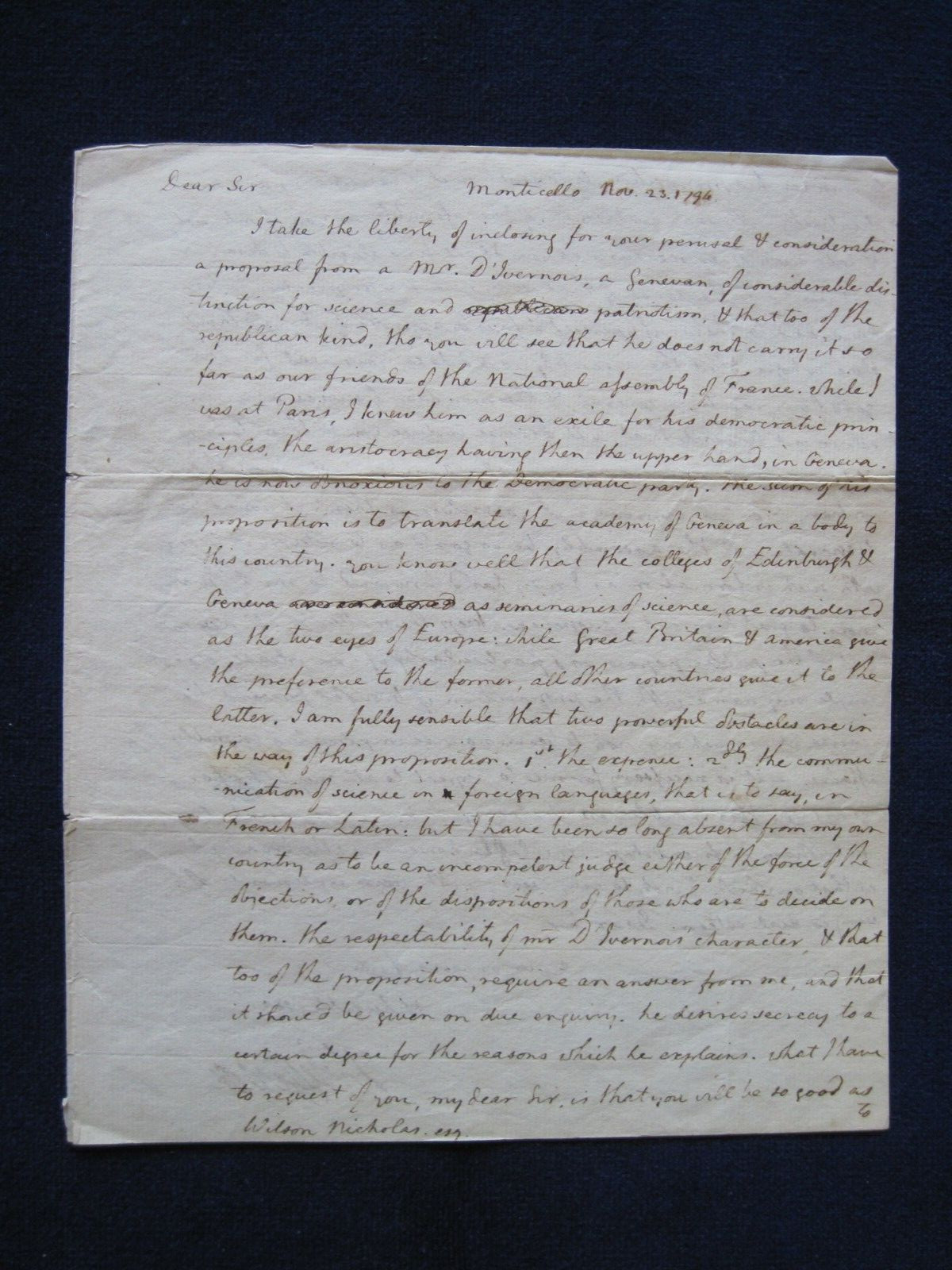 ORIGINAL AUTOGRAPH LETTER SIGNED - THOMAS JEFFERSON to WILSON CARY NICHOLAS 1794
