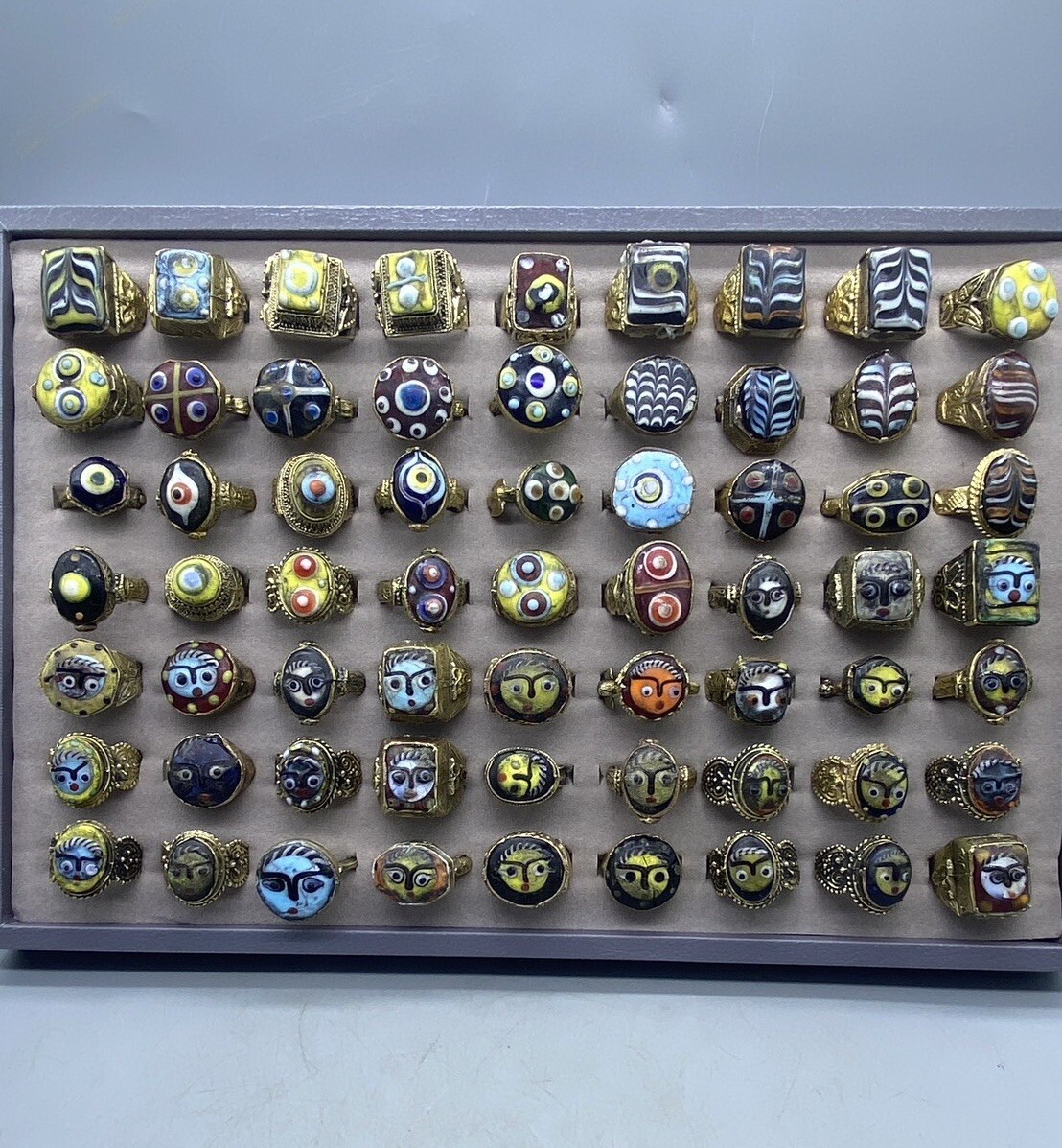 Sale Lot Of 63 Pics Ancient Old Islamic Different Mosaic Faces Glass Bronze Ring