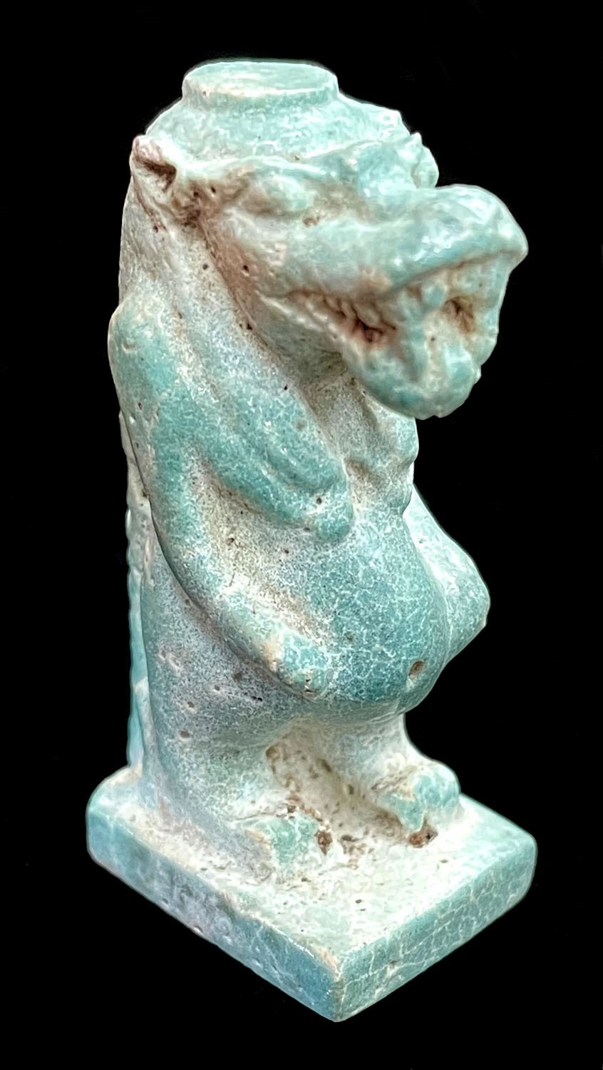 1570- 1342 BC EGYPTIAN THUTMOSID 18th DYNASTY TAWERET GLAZED BLUE FAIENCE AMULET
