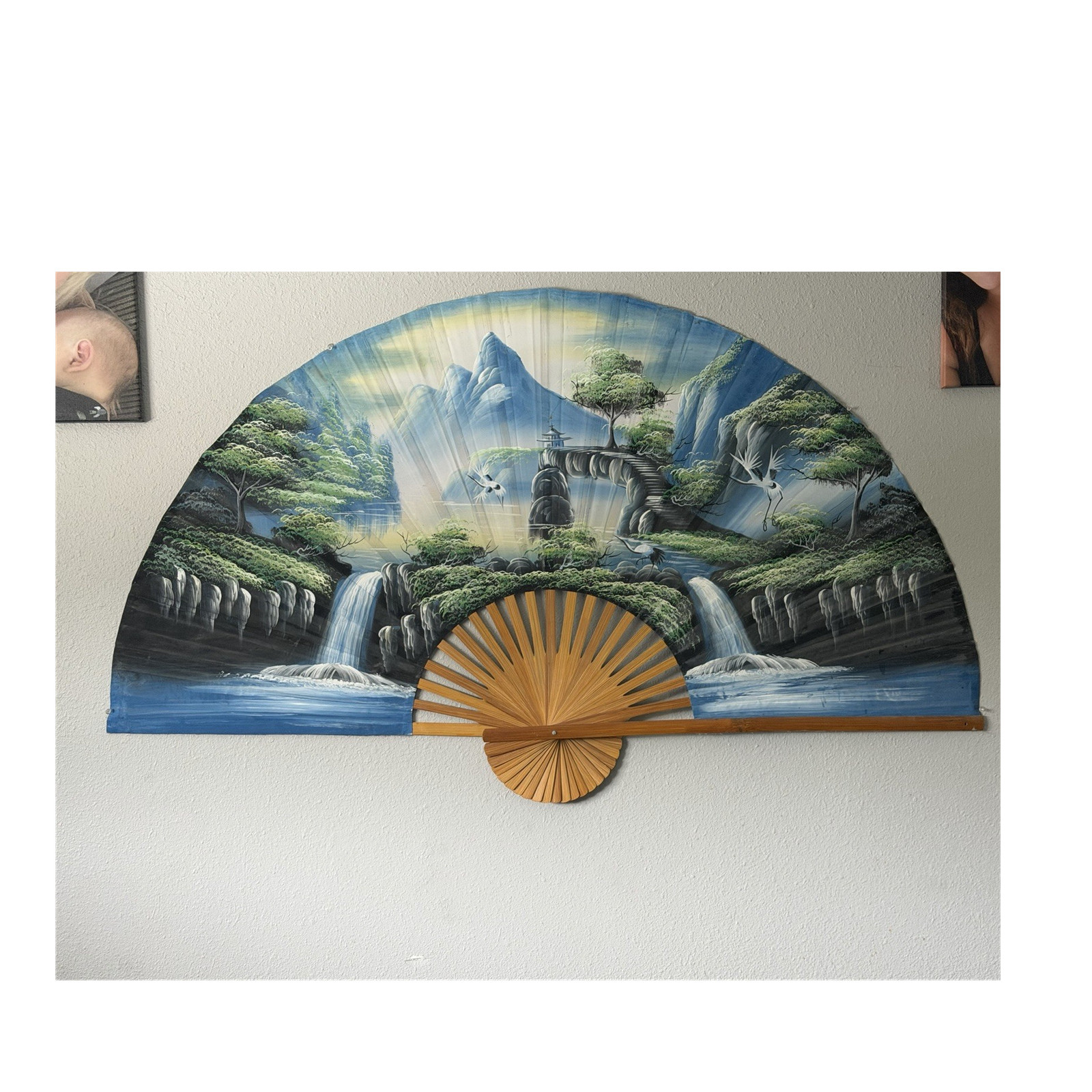 Large Chinese Decorative Folding Wall Fan Painted Landscape Waterfalls Mountains Large Chinese Decorative Folding Wall Fan Painted Landscape Waterfalls Mountains