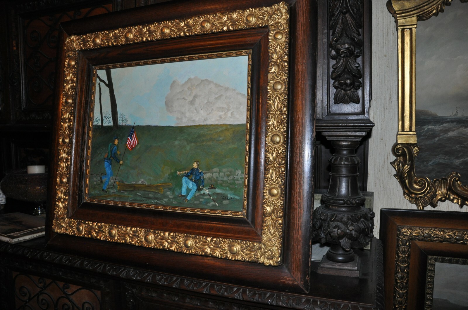 Spectacular Original Antique Civil War Battle scene    Oil Painting  by Volkert