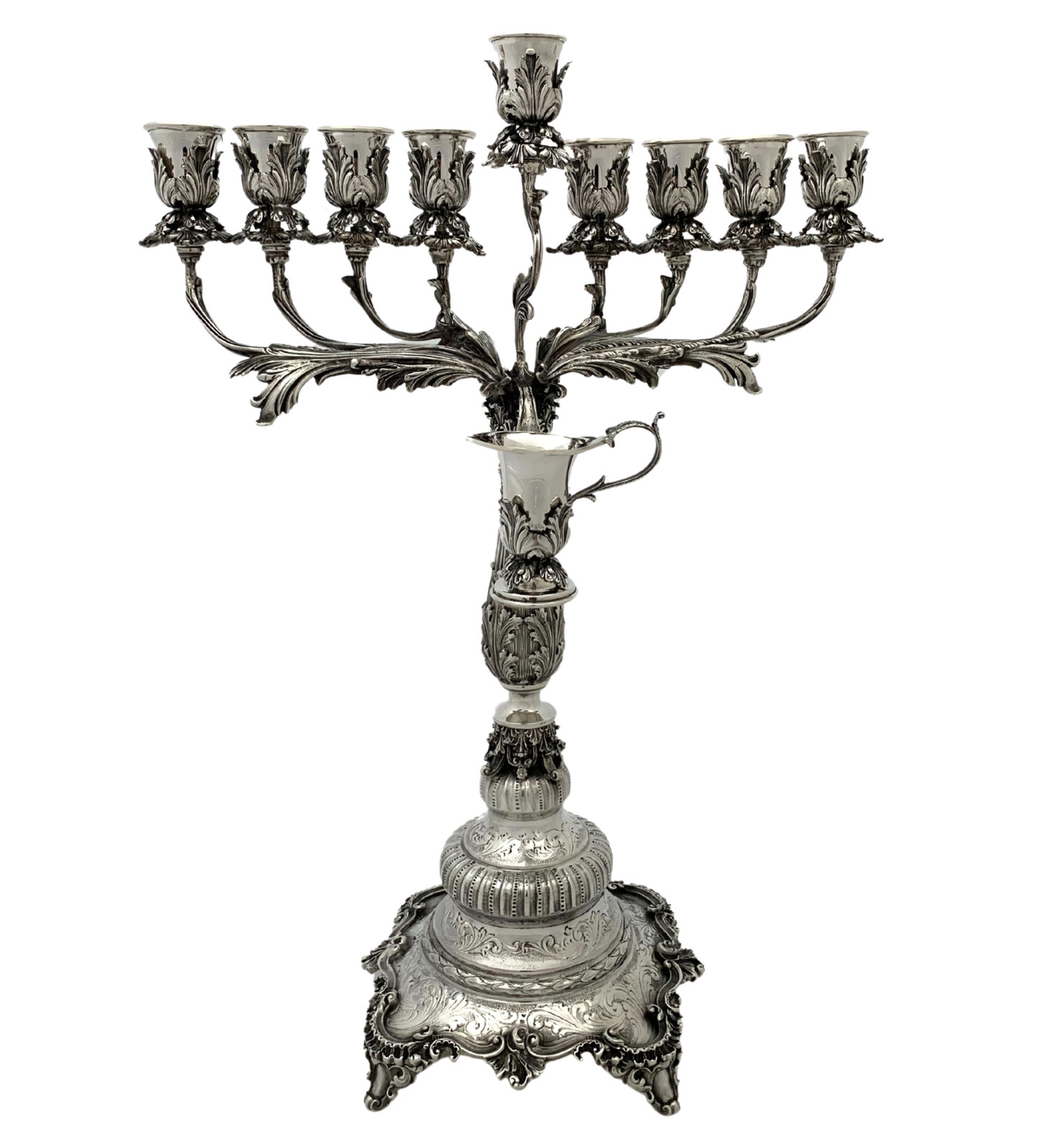 FINE ITALIAN 925 STERLING SILVER HANDMADE ORNATE CHASED LEAF APPLIQUE MENORAH FINE ITALIAN 925 STERLING SILVER HANDMADE ORNATE CHASED LEAF APPLIQUE MENORAH