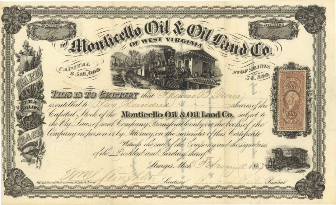 Monticello Oil and Oil Land Co. of West Virginia - 1867 dated Stock Certificat