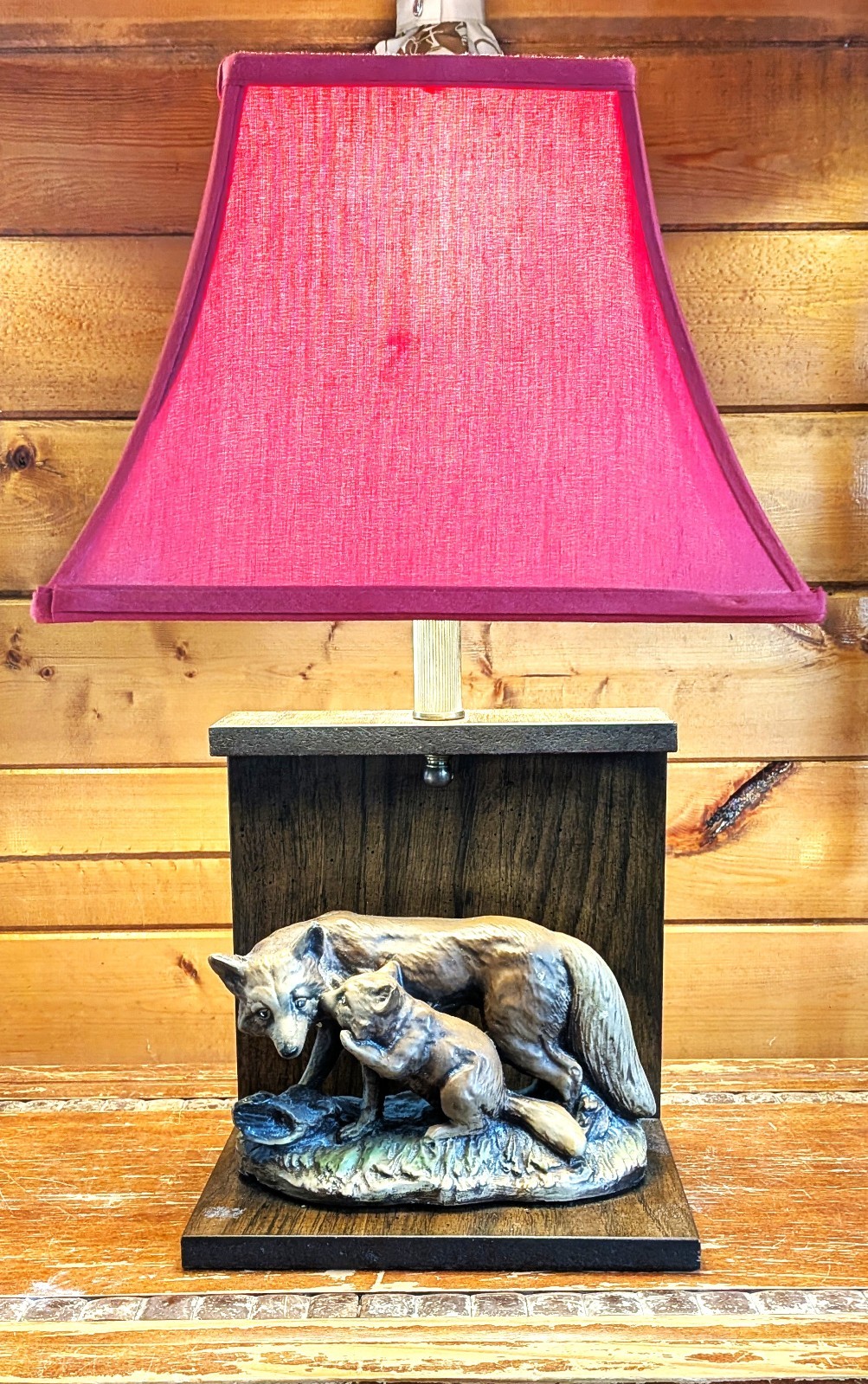 Vintage Table Lamp Fox and Cub on Wood Base with Burgundy Shade – 1950s Vintage Table Lamp Fox and Cub on Wood Base with Burgundy Shade – 1950s