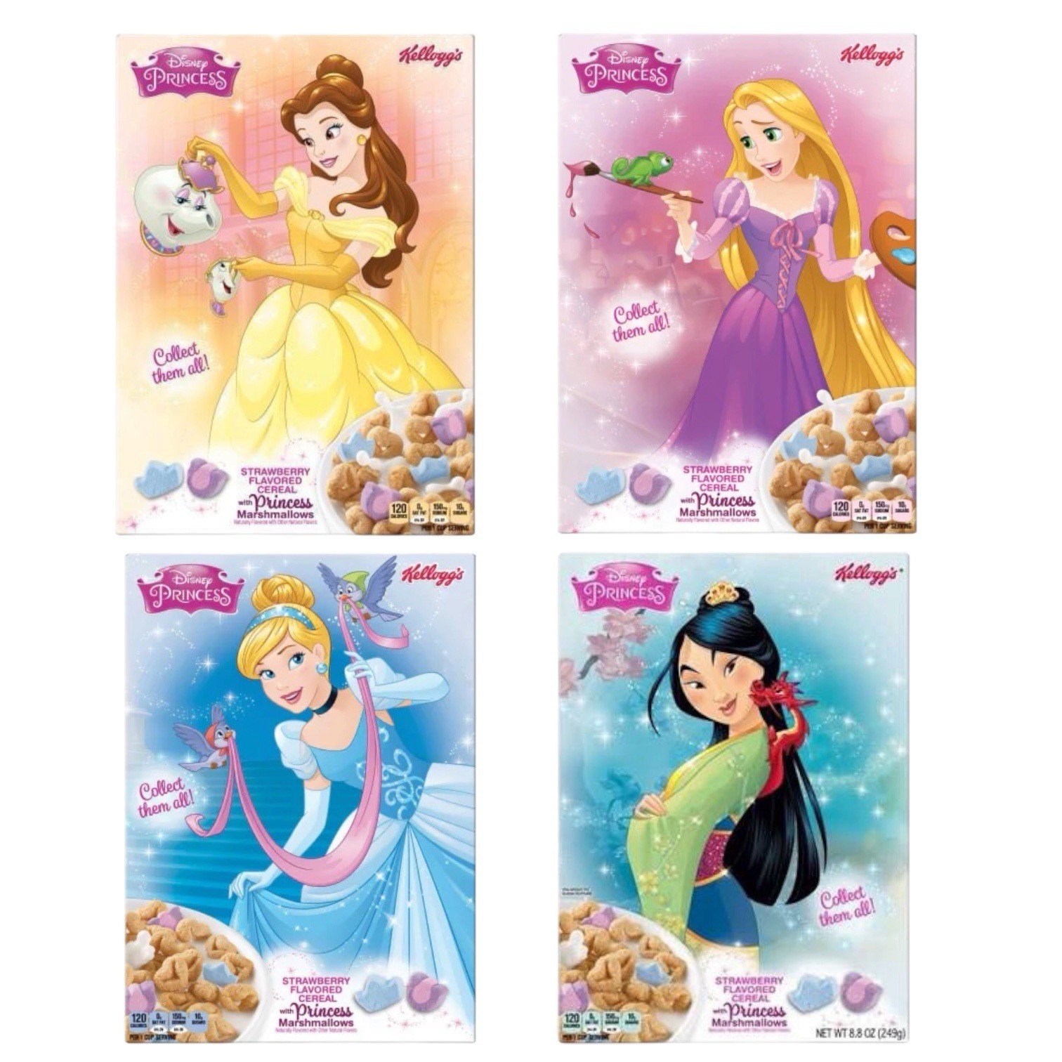 Kellogg’s 2017 Disney Princess Collectible Cereal Box Complete Set of 4 Sealed
