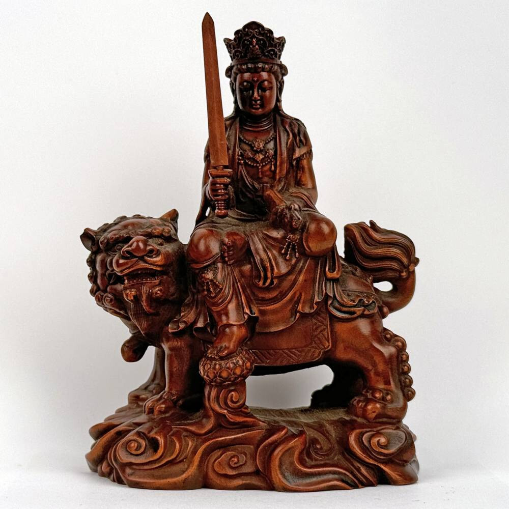 CHINESE MANJUSHRI RIDING LION HAND CARVED BOXWOOD BUDDHISM CHINA 19TH - 20TH C