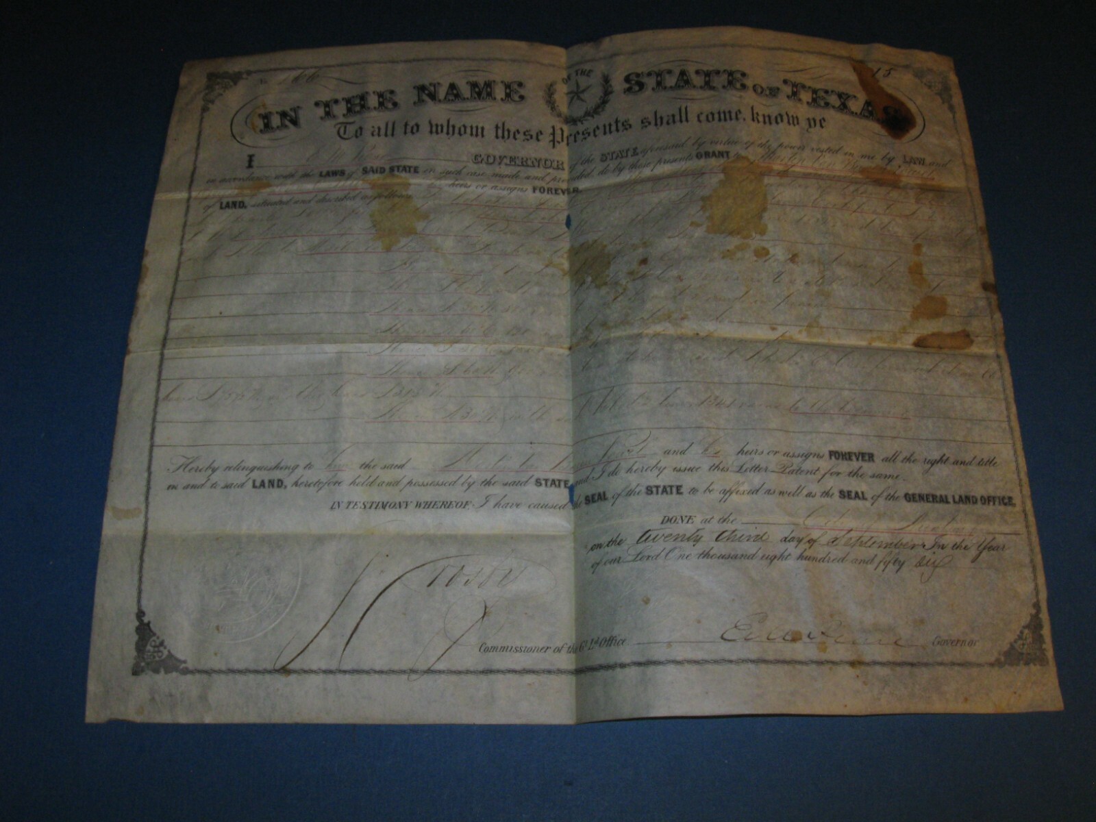 TEXAS LAND GRANT 1856 SIGNED GOVERNOR PEASE 