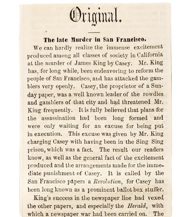 1856 Murder Of James King San Francisco Vigilante Casey News Article Clipping