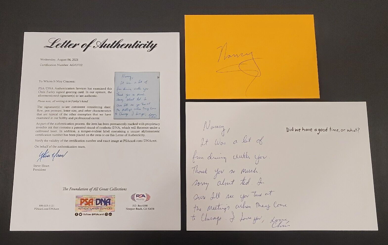 Extremely Rare CHRIS FARLEY Hand Written Signed Greeting Card-TOMMY BOY-SNL-PSA