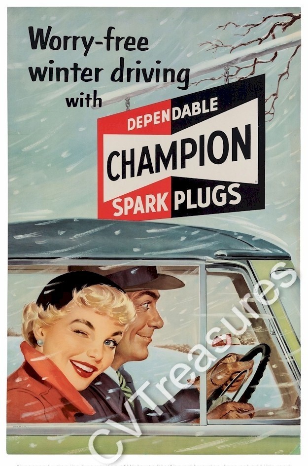 Vintage Auto Advertising Poster Champion Spark Plugs Classic Car Poster Art 1950 Vintage Auto Advertising Poster Champion Spark Plugs Classic Car Poster Art 1950