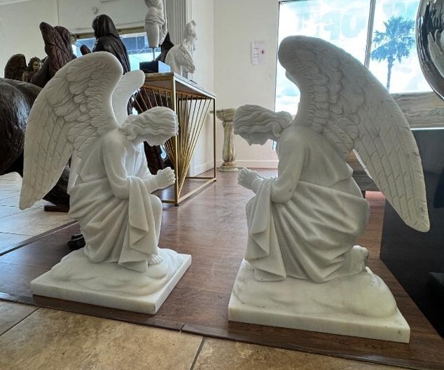 + Pair of Solid Marble Angel Statues, 28 + Pair of Solid Marble Angel Statues, 28