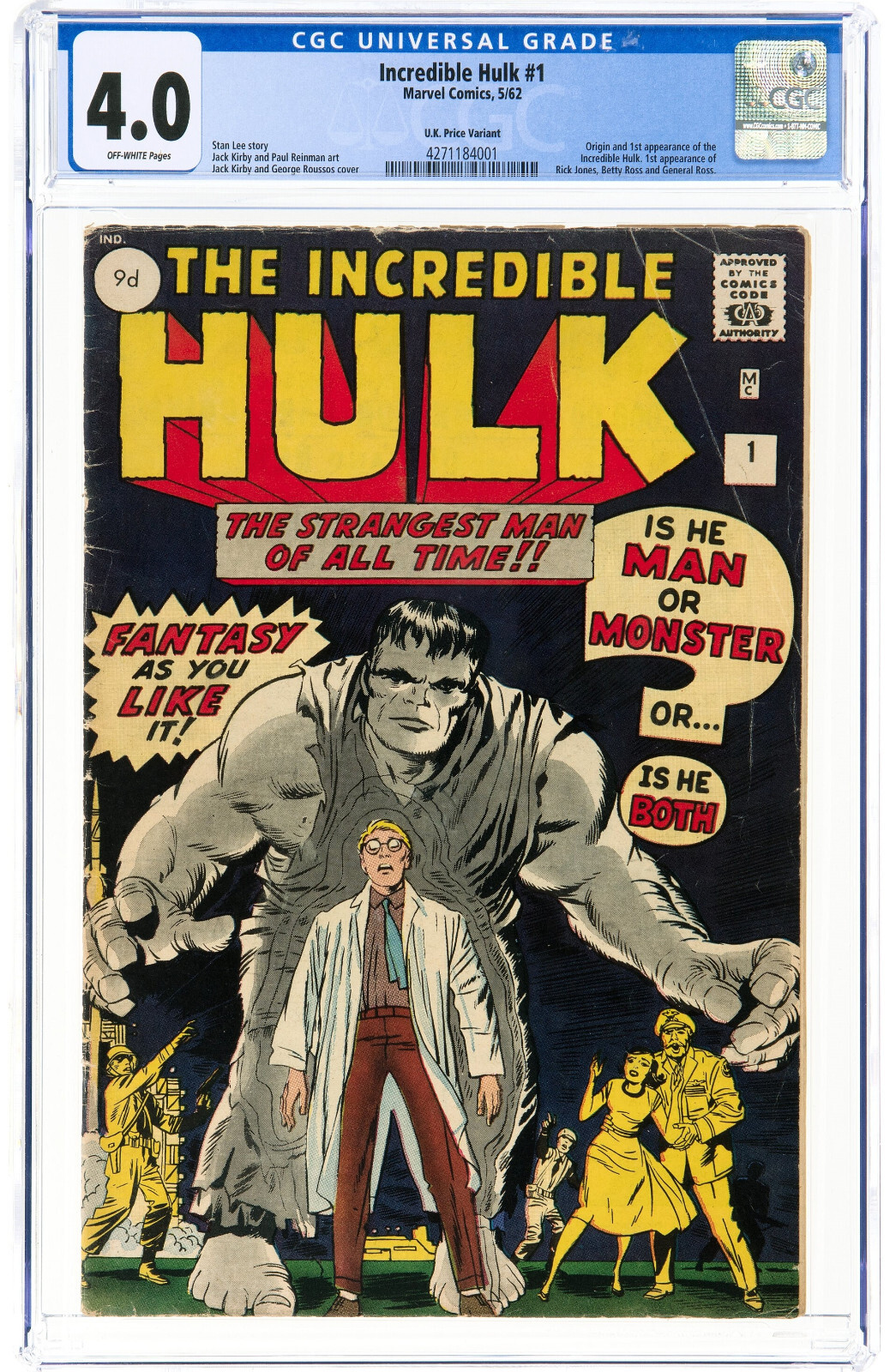 Incredible Hulk #1 4.0 RARE UK Price Variant 1962 Avengers Q1 421 cm Incredible Hulk #1 4.0 RARE UK Price Variant 1962 Avengers Q1 421 cm