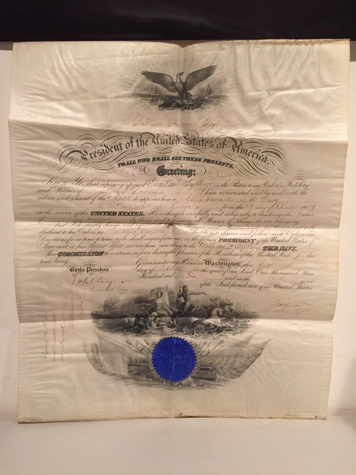 PRESIDENT WILLIAM H TAFT SIGNED US NAVAL APPOINTMENT DOCUMENT FEBRUARY 18, 1910