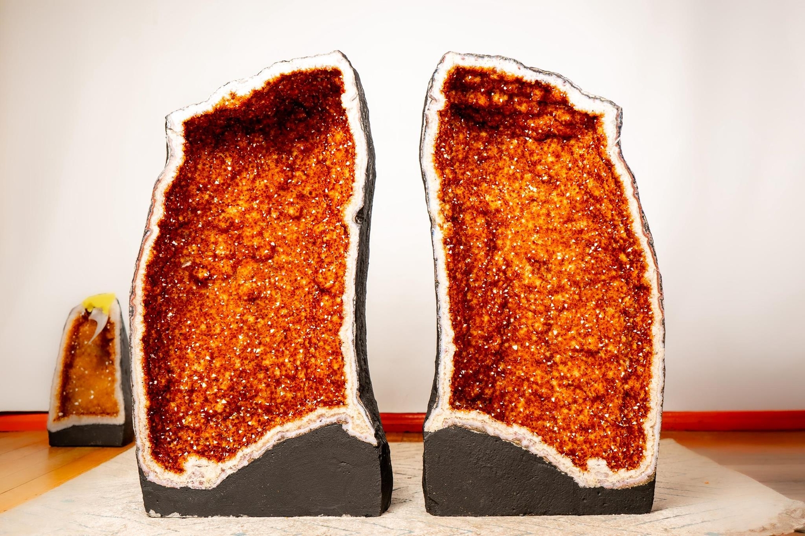 Pair of X-Large Madeira Citrine Cathedral Geodes, Bookmatched AAA-Grade Geodes Pair of X-Large Madeira Citrine Cathedral Geodes, Bookmatched AAA-Grade Geodes