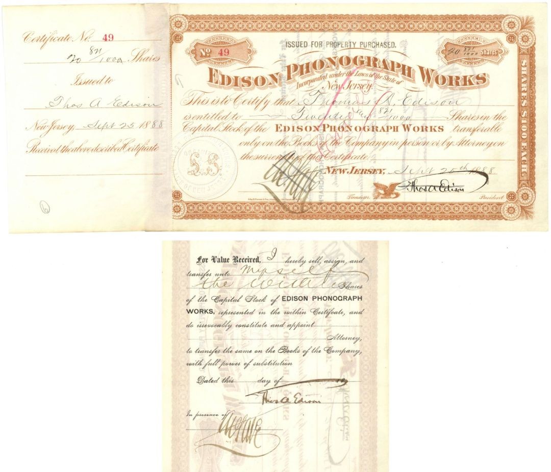 Double signed Thomas A. Edison on the Edison Phonograph Works - dated 1888 Aut