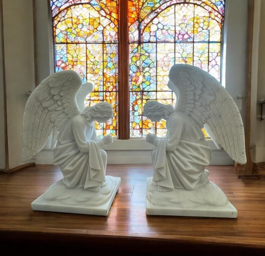 + Pair of Solid Marble Angel Statues, 28 + Pair of Solid Marble Angel Statues, 28